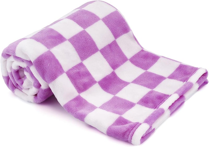 GreatBba Plush Checkered Baby Blanket for Boys Girls Nursery, 30"*40" Warm Short Fleece Blanket Neutral for Infant Newborn, Small Fuzzy for Sleeping, Chenille or Stroller (Purple&White) - Image 1